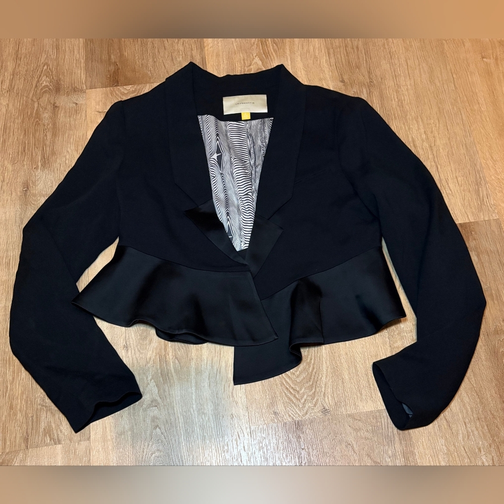 Leifsdottir Anthropologie Open Front Satin Trim Peplum Black Cropped Blazer Sz 8